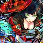  1girl bent_over black_feathers black_gloves black_hair black_shirt boots breasts cleavage collarbone electric_guitar feathers fingerless_gloves glasses gloves green-tinted_eyewear guilty_gear guilty_gear_strive guitar hat highres holding holding_guitar holding_instrument i-no illustica_phantom instrument jacket large_breasts mole red_footwear red_hat red_jacket red_lips shirt short_hair solo thigh_boots tinted_eyewear witch_hat 