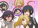 1girl 2boys ahoge akamatsu_kaede anger_vein arm_behind_head backpack bag black_eyes black_hair black_jacket black_scarf blonde_hair body_switch buttons chain checkered_clothes checkered_scarf chibi clenched_hand collared_jacket collared_shirt colored_tips commentary_request crest danganronpa_(series) danganronpa_v3:_killing_harmony eyelashes grin hair_between_eyes hair_ornament hand_on_own_chin head_on_chest head_on_head head_rest high_collar jacket jealous light_blush long_sleeves multicolored_buttons multicolored_hair multiple_boys musical_note musical_note_hair_ornament nervous nervous_sweating oma_kokichi one_eye_closed personality_switch pink_background pink_vest pinstripe_jacket pinstripe_pattern pocket polka_dot polka_dot_background purple_eyes purple_hair saihara_shuichi scarf shirt short_hair simple_background smile solid_oval_eyes sweat translation_request two-tone_background two-tone_scarf unmoving_pattern upper_body vest wavy_mouth white_background white_bag white_jacket white_scarf white_shirt yellow_eyes yumaru_(marumarumaru) 