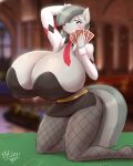  2021 absurd_res anthro big_breasts blurred_background blush breasts card clothed clothing digital_media_(artwork) equid equine eyebrows female fingers friendship_is_magic hand_on_head hasbro hi_res huge_breasts hyper hyper_breasts hyperstorm_h kneeling looking_at_viewer mammal marble_pie_(mlp) my_little_pony playing_card smile solo 