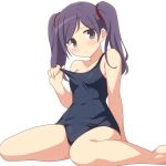  1girl blush breasts cleavage collarbone commentary covered_navel grey_eyes highres kurakuru long_hair looking_at_viewer mega_man_(series) mega_man_battle_network_(series) mega_man_battle_network_4 old_school_swimsuit parted_bangs purple_hair school_swimsuit shuko_kido_(mega_man) simple_background sitting small_breasts solo swimsuit twintails wariza white_background 