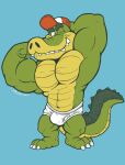  2024 abs anthro baseball_cap biceps blue_background blue_eyes briefs briefs_only bulge clothed clothing crocodile crocodilian crocodylid fist flexing flexing_bicep flexing_both_biceps hat headgear headwear hi_res krunchycroc looking_at_viewer male manly muscular navel one_eye_closed pecs reptile scalie simple_background smile solo standing tighty_whities topless triceps underwear underwear_only white_briefs white_clothing white_underwear wink winking_at_viewer 