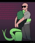  absurd_res anthro bald cavemanon_studios clothed clothing duo english_text eyewear featureless_face female freckled_face freckles glasses green_body green_hair hair hi_res human i_wani_hug_that_gator inco_(iwhtg) male mammal olivia_halford panties pantsless simple_background size_difference tail tail_motion tailwag text tongue tongue_out underwear zytkal 
