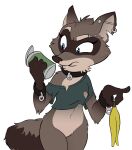  2021 absurd_res anthro bottomless clothed clothing collar ear_piercing featureless_crotch female fur hi_res holding_object mammal mistersnek notched_ear piercing procyonid punky_raccoon_(pointedfox) raccoon simple_background solo white_background 