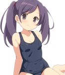  1girl blush breasts cleavage closed_mouth collarbone commentary covered_navel grey_eyes highres kurakuru long_hair looking_at_viewer mega_man_(series) mega_man_battle_network_(series) mega_man_battle_network_4 old_school_swimsuit purple_hair school_swimsuit shuko_kido_(mega_man) simple_background sitting small_breasts smile solo split_mouth swimsuit twintails white_background yokozuwari 