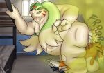  against_surface against_wall anthro bandai_namco bedroom belly big_butt bodily_fluids butt claws digimon digimon_(species) disgust duo fart fart_cloud fart_fetish farting_on_another farting_on_face gargomon gassy hi_res laught468 male male/male musk obese obese_anthro obese_male overweight overweight_anthro overweight_male size_difference smelly sweat thick_thighs 