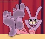 3_toes anthro barefoot clothing feet foot_focus glitch_productions hi_res jax_(tadc) lagomorph leporid long_ears male mammal mrchasecomix overalls purple_body rabbit smile soles solo teeth the_amazing_digital_circus toes 