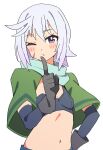  1girl black_gloves blush_stickers breasts capelet chris_(konosuba) commentary elbow_gloves finger_to_mouth gloves green_capelet green_scarf grey_hair hair_between_eyes hand_on_own_hip index_finger_raised kono_subarashii_sekai_ni_shukufuku_wo! looking_at_viewer midriff navel noyama_takenoko one_eye_closed purple_eyes scar scar_on_cheek scar_on_face scarf short_hair simple_background small_breasts solo upper_body white_background 