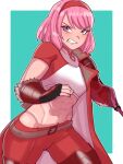 1girl abs angry breasts clenched_teeth fingerless_gloves fire_emblem fire_emblem_engage gloves hairband highres lapis_(fire_emblem) looking_at_viewer medium_breasts midriff mnejing30 muscular muscular_female navel pink_hair red_hairband short_hair solo teeth warrior_outfit_(fire_emblem_engage) 