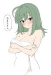  1girl after_bathing ahoge bare_arms bare_shoulders blush breast_hold breasts cleavage closed_mouth collarbone commentary_request crossed_arms eyes_visible_through_hair flat_color green_hair hair_between_eyes hair_down hair_ribbon heart highres large_breasts naked_towel ribbon riddle_joker shikibe_mayu simple_background sketch smile solo speech_bubble tft_(tft7822) towel translated tsurime upper_body wet wet_hair white_background 
