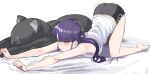  1girl all_fours ass ayatak0517 barefoot bed_sheet black_shorts blush cat_stretch clenched_hands closed_eyes commentary_request full_body highres komi-san_wa_komyushou_desu komi_shouko long_hair open_mouth outstretched_arms purple_hair short_shorts shorts simple_background solo stretching stuffed_animal stuffed_cat stuffed_toy tank_top thighs trembling v-shaped_eyebrows white_background white_tank_top 