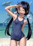  1girl arm_up beach black_hair blue_one-piece_swimsuit blue_sky breasts commentary_request covered_navel day highres horizon long_hair looking_at_viewer monster ocean one-piece_swimsuit one_eye_closed open_mouth original outdoors red_eyes rohitsuka school_swimsuit sky small_breasts smile solo swimsuit twintails 