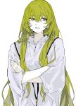  1other androgynous crossed_arms enkidu_(fate) fate/grand_order fate_(series) frown green_hair hair_between_eyes highres kingu_(fate) long_hair nonobe9781 purple_eyes robe simple_background solo upper_body very_long_hair white_background white_robe 