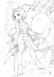  2020 2021 anthro artist_name asian_clothing barefoot breasts chest_tuft clothing east_asian_clothing exposed_breasts feet female genitals hair hasuki hi_res holding_melee_weapon holding_object holding_sword holding_weapon japanese_clothing kemono kimono melee_weapon monochrome outside ponytail pussy pussy_tuft smile solo sword tail traditional_media_(artwork) tuft weapon wind 