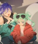  1boy 1girl aqua_hair aqua_jacket black_shirt blue_eyes blue_hair blue_nails blue_pants commentary_request expressionless eyewear_on_head flying_sweatdrops furrowed_eyebrows half-closed_eyes hands_together hatsune_miku highres hyang_0714 indian_style jacket kaito korean_commentary light_blush long_hair open_clothes open_jacket open_mouth pants red_jacket shirt sitting sleeveless sleeveless_shirt smile spaghetti_strap suna_no_wakusei_(vocaloid) sunglasses sweat twintails vocaloid white_shirt 