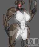  absurd_res big_breasts breasts cybernetics cyborg female genitals gun hi_res humanoid looking_at_viewer machine object0fdesire pussy ranged_weapon red_eyes robot solo standing vex_(destiny) weapon white_body 
