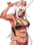  1girl abs absurdres alternate_costume animal_ear_fluff animal_ears armpits arms_up bikini black_bikini blue_hair boku_no_hero_academia breasts cleavage cowboy_shot dark_blue_hair english_commentary grey_hair grin highres large_breasts long_hair minew mirko muscular muscular_female navel o-ring o-ring_bikini o-ring_top rabbit_ears red_eyes shiny_skin simple_background smile solo stomach swimsuit very_long_hair white_background 