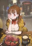  1girl absurdres arm_rest bottle bow bowtie breast_rest breasts breasts_on_table brown_hair choker cleavage commentary_request cup food fork hair_ribbon hand_on_own_face highres holding holding_fork holding_knife jun_(navigavi) knife leaning_forward long_hair looking_at_viewer meat medium_breasts mug orange_eyes original ponytail potato pov pov_hands red_bow red_bowtie ribbon sausage solo table translation_request weibo_logo weibo_watermark wooden_table wrist_cuffs 