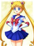  1girl back_bow bishoujo_senshi_sailor_moon blonde_hair blue_eyes blue_sailor_collar blue_skirt bow choker double_bun earrings elbow_gloves gloves hair_bun highres jewelry long_hair looking_at_viewer magical_girl mimimix open_mouth red_choker sailor_collar sailor_moon sailor_senshi_uniform skirt smile solo tsukino_usagi twintails white_gloves 