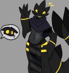  ambiguous_gender anthro black_body black_scales blush blush_lines bottomwear claws clothed clothing digital_media_(artwork) duo felid gatotacato hi_res loincloth male mammal notched_ear open_mouth scales simple_background smile tail yellow_eyes 