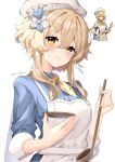  1girl apron blonde_hair blue_shirt chef_hat closed_mouth commentary_request dress_shirt feather_hair_ornament feathers flower genshin_impact hair_between_eyes hair_flower hair_ornament hat highres holding holding_ladle holding_plate jasummin ladle looking_at_viewer lumine_(genshin_impact) neckerchief plate reference_inset shirt short_hair_with_long_locks short_sleeves smile white_apron white_flower white_hat yellow_eyes yellow_neckerchief 
