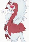  andromorph anthro big_breasts big_butt breasts butt claws femboy fluffy freckled_butt freckles generation_7_pokemon grin intersex looking_back lycanroc nintendo pokemon pokemon_(species) red_body sharkysocks sharp_teeth smile solo speech_bubble teeth thick_thighs trans_(lore) trans_man_(lore) wide_hips 