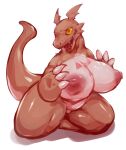  anthro areola big_breasts biped breasts chubby_female claws digimon digimon_(species) female finger_claws guilmon hi_res huge_breasts kneeling looking_at_viewer nipples nude open_mouth red_body scalie simple_background slightly_chubby smile solo solterv teeth thick_thighs tongue white_background yellow_eyes yellow_sclera 