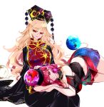  2girls absurdres black_dress black_hat black_shirt blonde_hair breasts chain chinese_clothes cleavage dress earth_(ornament) hair_between_eyes hat hecatia_lapislazuli highres junko_(touhou) large_breasts long_hair moon_(ornament) multicolored_clothes multicolored_skirt multiple_girls navel off-shoulder_shirt off_shoulder one_eye_closed open_mouth phoenix_crown raptor7 red_eyes red_hair shirt short_sleeves simple_background skirt smile t-shirt tabard touhou white_background 