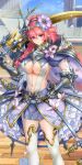  1girl armor bloom_(queen&#039;s_blade) braid breasts hand_on_own_hip highres holding holding_sword holding_weapon large_breasts navel non-web_source official_art pink_hair purple_eyes queen&#039;s_blade queen&#039;s_blade_limit_break side_braid skirt sword weapon 
