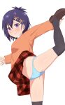  1girl bangs black_legwear blue_hair blue_panties bow bow_panties brown_footwear closed_mouth commentary_request crotch_seam dress_shirt frown gabriel_dropout hair_ornament hairclip highres leg_hold leg_up loafers long_sleeves looking_at_viewer miniskirt navel nyaroon orange_sweater panties pantyshot plaid plaid_skirt purple_eyes red_skirt school_uniform shirt shoes short_hair simple_background skirt standing standing_on_one_leg sweatdrop sweater thighhighs underwear vignette_tsukinose_april white_background white_shirt x_hair_ornament 