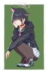  1girl animal_ears black_hair black_jacket blue_archive brown_pantyhose cat_ears closed_mouth colored_inner_hair expressionless extra_ears full_body hair_ornament hairclip halo head_rest highres hood hood_down hooded_jacket jacket kazusa_(blue_archive) long_sleeves looking_at_viewer miniskirt multicolored_hair neckerchief pantyhose pendant_choker pink_neckerchief red_eyes sailor_collar shoes short_hair skirt sneakers solo squatting white_skirt yu_yin 