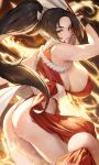 1girl absurdres ass black_hair breasts brown_eyes closed_mouth fatal_fury fire floating_hair hand_fan highres holding holding_fan huge_breasts japanese_clothes ponytail sash shiranui_mai sideboob solo sr911656337775 the_king_of_fighters 