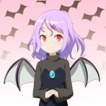  1girl alternate_costume bat_background bat_wings cato_(monocatienus) commentary dress eyebrows_visible_through_hair fang fang_out gradient gradient_background hair_ornament hairclip hands_together highres interlocked_fingers long_sleeves medium_hair pink_background purple_hair red_eyes remilia_scarlet simple_background sleeves_past_wrists smile solo touhou upper_body wings 