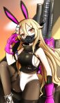  1girl armlet armpits assault_rifle black_jacket blurry blurry_background boots breasts brown_dust_2 brown_thighhighs cropped_jacket feet_out_of_frame gloves gun gun_on_back hair_between_eyes hair_ornament hand_in_own_hair hane0405 highres jacket knee_up leotard liatris_(brown_dust) looking_at_viewer orange_eyes pink_gloves respirator rifle sideboob sitting skull_hair_ornament solo thighhighs weapon weapon_on_back white_footwear white_leotard 