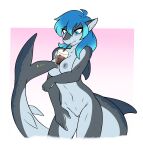  2019 absurd_res ambris anthro beverage blue_eyes blue_hair blush breasts bubble_tea cup drinking ear_piercing edit erika_(ambris) female fish furgonomics furry-specific_piercing genitals hair hands-free_bubble_tea hi_res marine meme multicolored_hair nipples non-mammal_breasts piercing pussy shark solo straw tail_piercing two_tone_hair 
