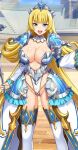  1girl armor ass_visible_through_thighs blonde_hair blue_eyes boots breasts center_opening cinderella_(queen&#039;s_blade_grimoire) highres large_breasts non-web_source official_art open_mouth queen&#039;s_blade queen&#039;s_blade_limit_break thigh_boots tiara 