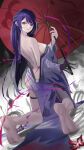  1girl absurdres acheron_(honkai:_star_rail) ass bare_back bare_legs bare_shoulders barefoot black_gloves blurry blurry_foreground breasts commentary english_commentary flower gloves highres honkai:_star_rail honkai_(series) japanese_clothes kimono kimono_partially_removed kneeling large_breasts leg_tattoo long_hair looking_at_viewer multicolored_hair nnn_(nonightnomad) oil-paper_umbrella parted_lips purple_eyes purple_hair purple_kimono rain red_flower single_glove solo streaked_hair tattoo thigh_strap umbrella wide_sleeves 