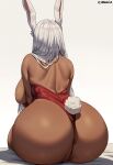  1girl animal_ears anus anus_peek artist_name ass backboob bare_shoulders boku_no_hero_academia breasts check_commentary chromiaart commentary_request dark-skinned_female dark_skin facing_away from_behind hair_over_shoulder highres huge_ass huge_breasts leotard long_hair median_furrow mirko rabbit_ears rabbit_girl rabbit_tail red_leotard sitting solo strapless tail tail_through_clothes toned_female very_long_hair wedgie white_background white_hair 