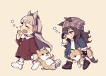  2girls animal_ears beanie black_jacket blush boots brown_background brown_dress brown_footwear brown_hair brown_hat chibi closed_mouth collared_dress commentary_request cross-laced_footwear dress ear_covers ears_through_headwear fur-trimmed_sleeves fur_trim gold_ship_(umamusume) grey_hair grey_hat hair_between_eyes hat holding holding_stuffed_toy horse_ears horse_girl horse_tail jacket lace-up_boots long_hair long_sleeves mini_hat multiple_girls nakayama_festa_(umamusume) namuko open_clothes open_jacket open_mouth pantyhose puffy_long_sleeves puffy_sleeves purple_eyes rubbing_eyes shirt simple_background stuffed_animal stuffed_dog stuffed_toy tail tears umamusume umamusume:_peace_peace_cepea_cepea_golshi-chan very_long_hair walking white_footwear white_pantyhose white_shirt yawning 