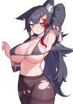  1girl absurdres animal_ear_fluff animal_ears arm_up armpit_crease armpits bikini bikini_top_only black_bikini black_hair black_pantyhose breasts closed_mouth commentary_request crotch_cutout deaver detached_sleeves ear_down highres hololive large_breasts long_hair looking_at_viewer micro_bikini multicolored_hair navel ookami_mio ookami_mio_(1st_costume) orange_eyes paid_reward_available pantyhose red_hair simple_background solo steaming_body streaked_hair sweat swimsuit tail thighband_pantyhose torn_clothes torn_pantyhose virtual_youtuber white_background wolf_ears wolf_girl wolf_tail 