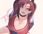  1girl blush breasts cleavage dae_seo-yun_(nyantcha) freckles highres looking_at_viewer mole mole_on_breast nyantcha open_mouth original purple_eyes purple_hair solo tongue tongue_out twintails 