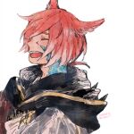  1boy :d animal_ears cat_ears commentary_request crystal_exarch dated final_fantasy final_fantasy_xiv from_side g&#039;raha_tia hood hood_down itowo_(itowc) male_focus material_growth miqo&#039;te red_eyes red_hair signature simple_background smile solo white_background 