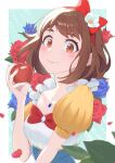  1girl apple blue_flower boku_no_hero_academia bow breasts brown_eyes brown_hair cosplay dress flower food fruit hairband highres holding holding_food holding_fruit jewelry looking_at_viewer matsumotoshinnnosuke multicolored_clothes multicolored_dress necklace puffy_short_sleeves puffy_sleeves red_apple red_bow red_flower red_hairband short_sleeves small_breasts smile snow_white snow_white_(grimm) snow_white_(grimm)_(cosplay) solo uraraka_ochako 