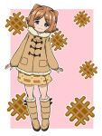  1girl blue_eyes boots brown_coat brown_footwear brown_hair closed_mouth coat commentary_request cone_hair_bun double_bun food full_body fur-trimmed_coat fur-trimmed_footwear fur_trim girls_und_panzer hair_bobbles hair_bun hair_ornament half-closed_eyes head_tilt knee_boots long_sleeves looking_at_viewer miniskirt orange_skirt outline partial_commentary pink_background plaid plaid_skirt short_hair skirt smile solo standing takahashi_kurage textless_version waffle white_outline yuuko_(girls_und_panzer) 