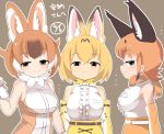  ... 3girls :3 animal_ear_fluff animal_ears belt black_belt blonde_hair blue_eyes blush bow bowtie breasts brown_background brown_eyes caracal_(kemono_friends) cat_ears cat_girl center_frills closed_mouth commentary_request cowboy_shot dhole_(kemono_friends) dog_ears dog_girl elbow_gloves frills gloves half-closed_eyes highres kemono_friends large_breasts lets0020 looking_at_viewer looking_to_the_side medium_bangs multiple_girls orange_bow orange_bowtie orange_gloves orange_hair orange_skirt serval_(kemono_friends) shirt short_hair simple_background skirt sleeveless sleeveless_shirt smile translation_request white_belt white_gloves white_shirt yellow_bow yellow_bowtie yellow_eyes yellow_gloves yellow_skirt 