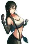  1girl black_gloves black_hair black_skirt breasts cleavage clenched_hand crop_top elbow_gloves final_fantasy final_fantasy_vii final_fantasy_vii_remake fingerless_gloves from_side gloves grin hands_up highres large_breasts long_hair looking_at_viewer low-tied_long_hair midriff nasubin_(nasubisamurai15) navel red_eyes simple_background skirt smile stomach suspender_skirt suspenders tank_top tifa_lockhart v-shaped_eyebrows very_long_hair white_background white_tank_top 
