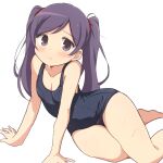  1girl blush breasts cleavage closed_mouth collarbone commentary covered_navel foot_out_of_frame frown grey_eyes kurakuru long_hair mega_man_(series) mega_man_battle_network_(series) mega_man_battle_network_4 old_school_swimsuit parted_bangs purple_hair school_swimsuit shuko_kido_(mega_man) simple_background sitting small_breasts solo split_mouth swimsuit tearing_up twintails white_background yokozuwari 