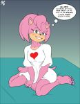  2024 50percentgrey amy_rose anthro bed blush bottomless clenched_teeth clothed clothing clothing_pull colored_nails dialogue eulipotyphlan female fur furniture hair half-closed_eyes heart_symbol hedgehog hi_res looking_at_viewer mammal nails narrowed_eyes on_bed pink_body pink_fur pink_hair sega shirt shirt_only shirt_pull signature sitting sitting_on_bed smile smiling_at_viewer solo sonic_the_hedgehog_(series) speech_bubble teeth text topwear topwear_only topwear_pull white_clothing white_shirt white_topwear 