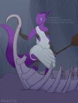  3_toes 4_toes anthro armwear boat breasts charon_(redeye) claws clothed clothing digital_media_(artwork) english_text european_mythology feet female fingers greek_mythology hi_res horn kobold legwear looking_at_viewer mythology open_mouth purple_body purple_skin redeye scalie simple_background smile solo text toes tongue topwear underwear vehicle water watercraft 