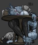  absurd_res anthro big_breasts blue_body blue_skin breasts clothed clothing dragonborn_(dnd) dungeons_and_dragons female hasbro hi_res object0fdesire scalie sitting sleeping solo unconscious wizards_of_the_coast 