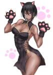  1girl :o absurdres animal_ears animal_hands bare_shoulders black_dress black_hair blue_eyes breasts cat_ears china_dress chinese_clothes covered_abs covered_navel criss-cross_strings dangle_earrings dark-skinned_female dark_skin dress earrings fang gloves gold_trim hair_between_eyes hands_up highres jewelry large_breasts looking_at_viewer muscular muscular_female no_panties original paw_gloves paw_print solo thighs turtleneck white_background yakan_(mihag3000) 